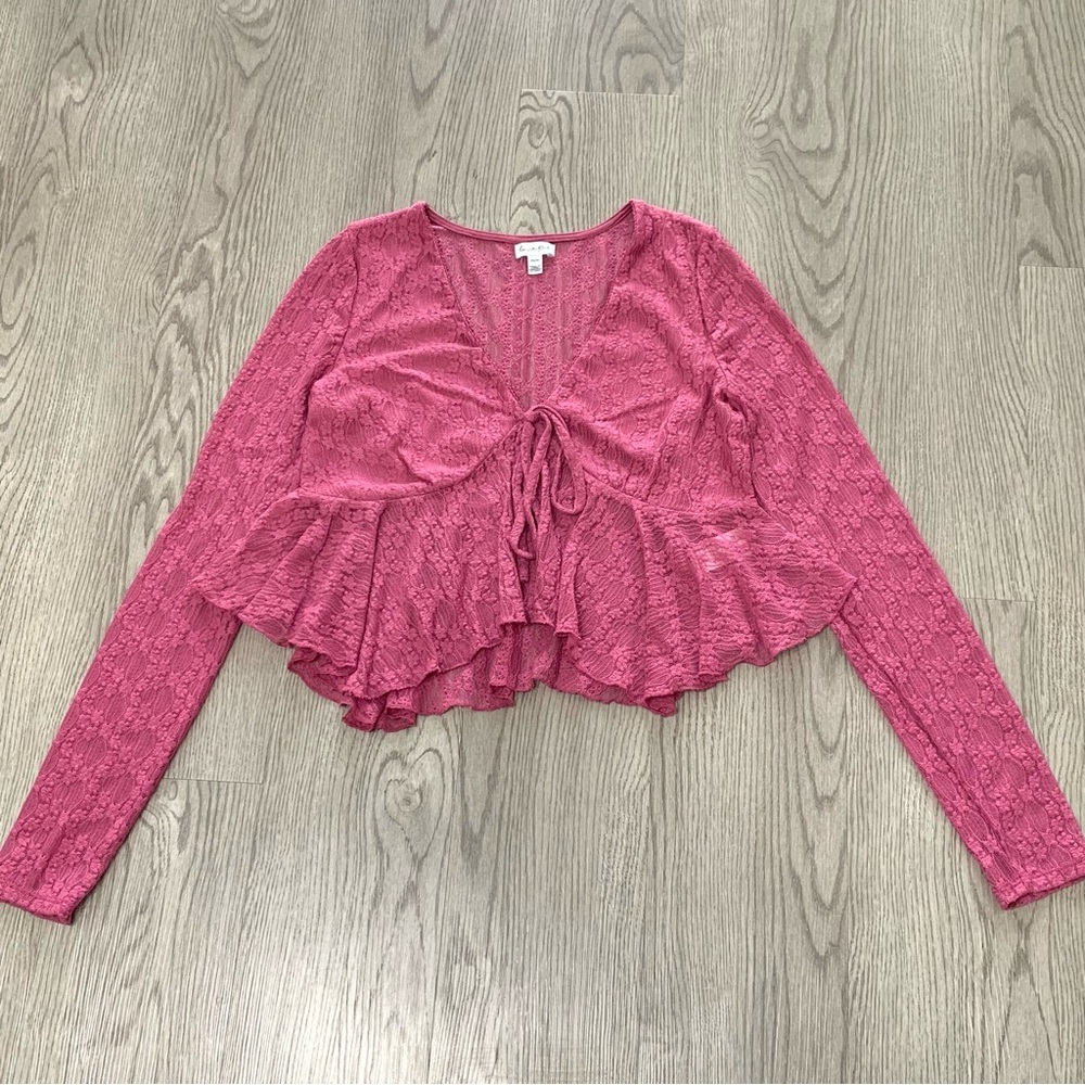 Pink Floral Embroidered Lace Tie-Front‎ Crop Top Hanky Hem Fairy Babydoll Medium